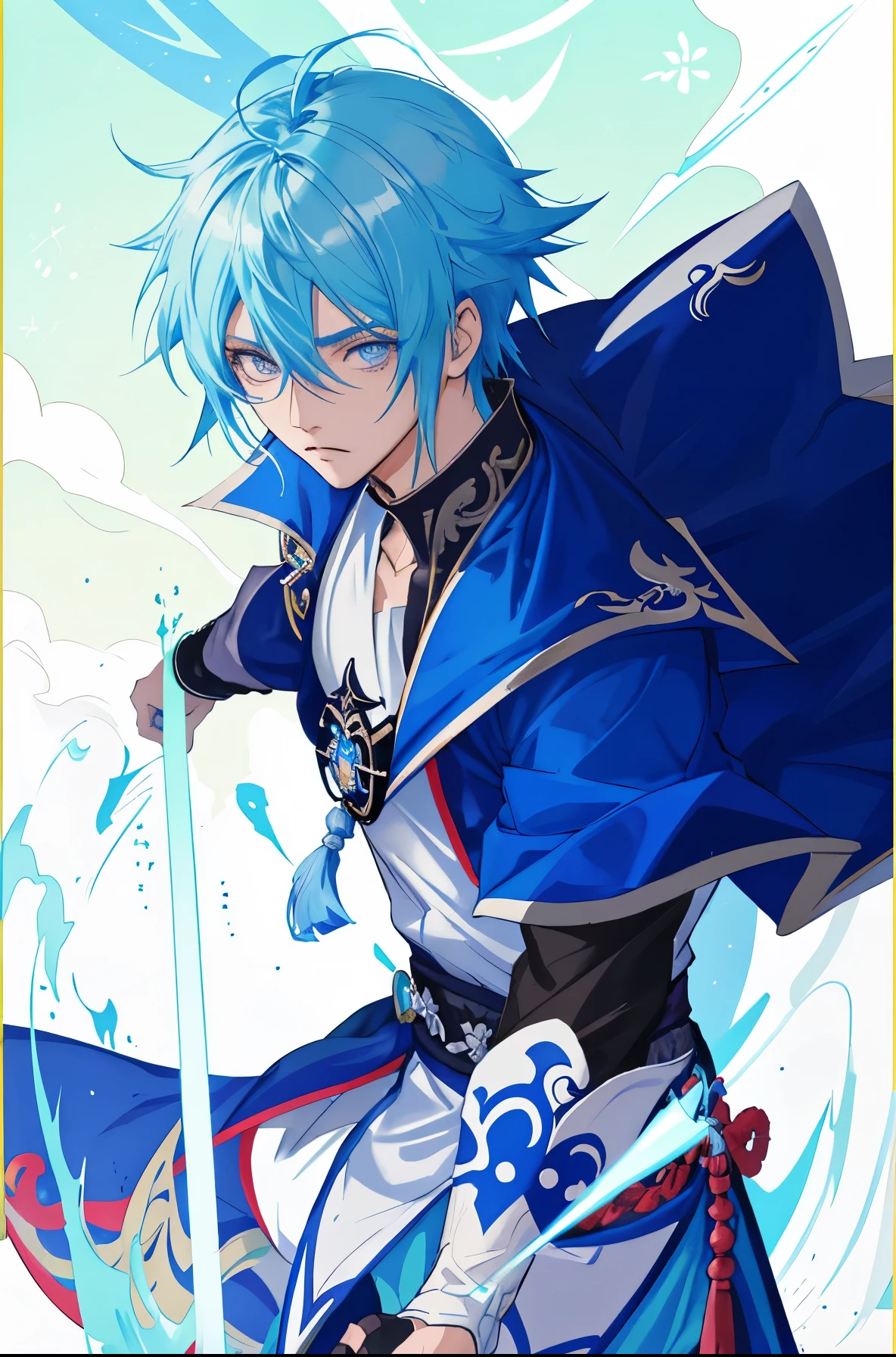 personagem de anime com cabelo azul e olhos azuis segurando uma espada, keqing from Genshin impact, hero 2 d fanart artsation, cara de anime alto com olhos azuis, Arte Zerochan, Genshin, Genshin impact character, zhongli from Genshin impact, trending on artstation pixiv, Genshin impact style, arte chave do anime, Arte digital no Pixiv, olhar malvado, confiante, garoto forte, homem corajoso, cabelo arrepidado, cabelo branco para cima, cabelo gojo satoru