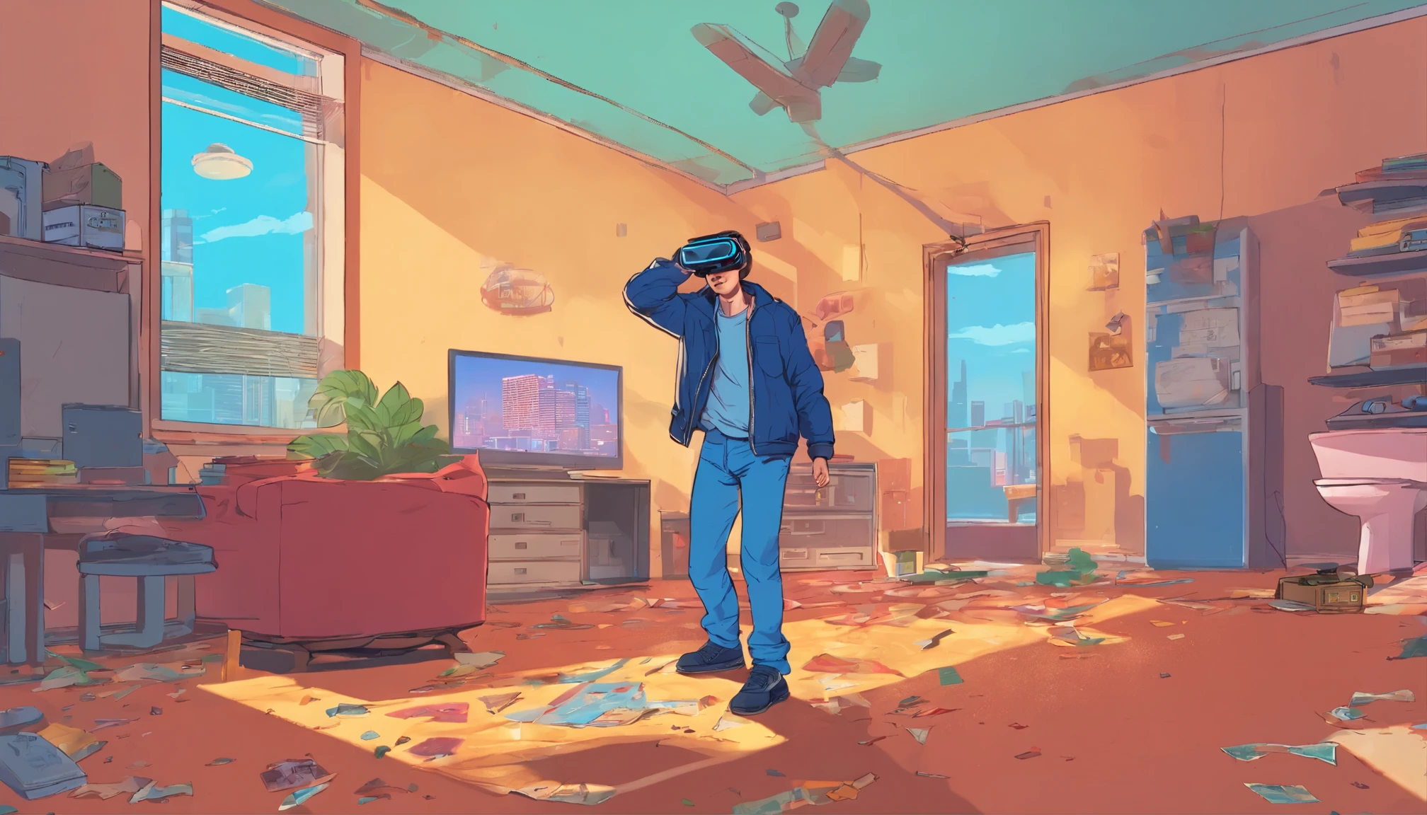 A young white male stands in his neglected apartment, sunlight streaming past him as he remove his white VR headset with a blue light, squinting. Pizza boxes and takeout containers litter the room, traces of escapist fantasy adventures contrasting the dull living space. Hints of dull shades and scenery from the industrial city cling as afterimages before fading into the dim, mundane view. The scene evokes modern urban isolation and the allure of virtual worlds.