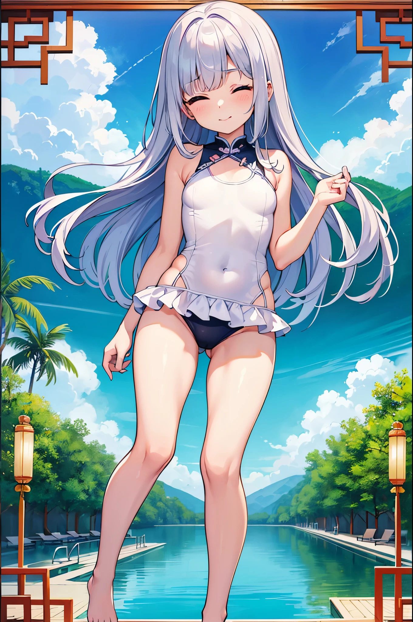 ((4k、8k、top-quality、perfect fingers: 1.3、perfect anatomia: 1.3、blur backgroun))、cute petit girl、((blanche、chinese style swimsuit)、(stright long hair: 1.3) 、sixteen years old 、a beautiful slender girl、a baby face))、(beautiful with big droopy eyes)、red blush、Open your mouth small、Smile with one eye closed、Full body display、Standing、blue-sky、in poolside、