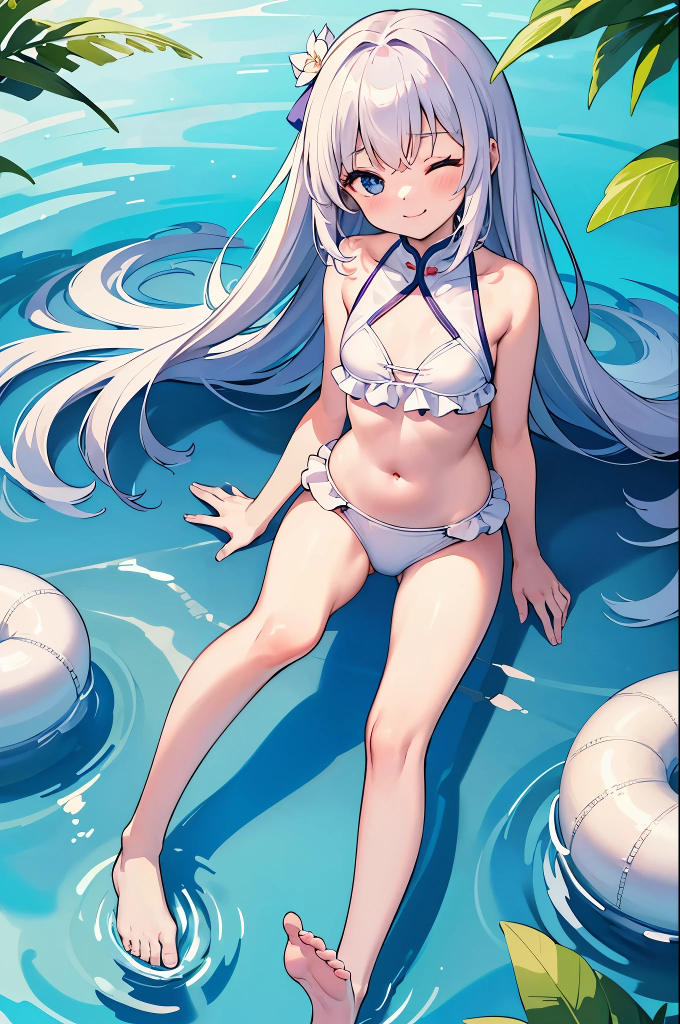 ((4k、8k、top-quality、perfect fingers: 1.3、perfect anatomia: 1.3、blur backgroun))、cute petit girl、((blanche、chinese style swimsuit)、(stright long hair: 1.3) 、 、a beautiful slender girl、a baby face))、(beauh big droopy eyes)、red blush、Open your mouth small、Smile with one eye closed、Full body display、Standing、blue-sky、in poolside、