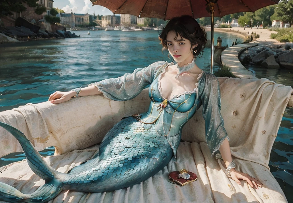 ((mermaid)) woman sitting on a bench with a fan, regency-era, 1girl, topless, by Adélaïde Labille-Guiard, by Cassandra Austen, jacques louis david style, inspired by Adélaïde Labille-Guiard, inspired by Théodore Chassériau, symbolist painting