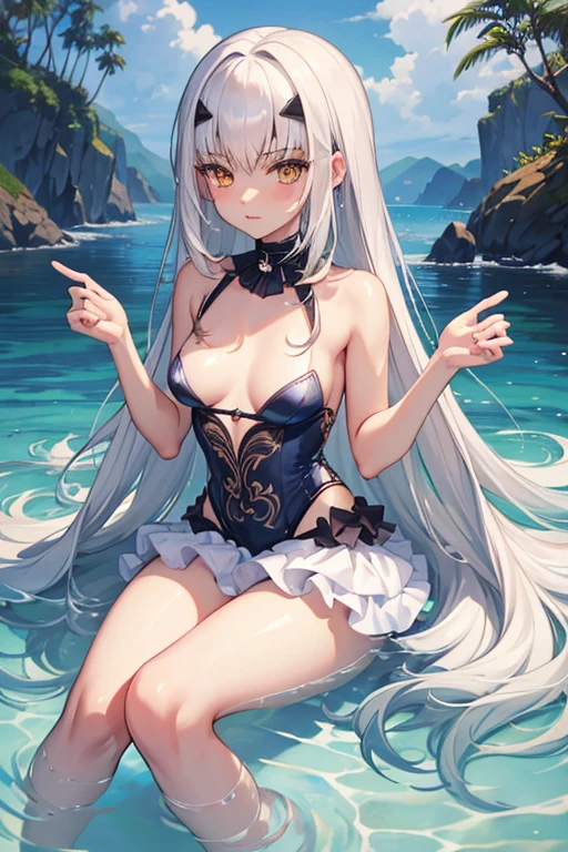melusina, melusina, (brown eyes: 1.5), long hair, white hair, side locks, (small breasts: 1.2), BREAK white dress, dress, dress wedding, wedding,thighs, thighs, white thighs, REST looking at the viewer, REST outdoors,beach, sea, sand, blushing face, BREAK (masterpiece:1.2), best quality, high resolution, unity 8k wallpaper, (artwork:0.8), (beautiful detailed eyes:1.6), extremely detailed face, perfect lighting, extremely detailed CG, (perfect hands, perfect anatomy),