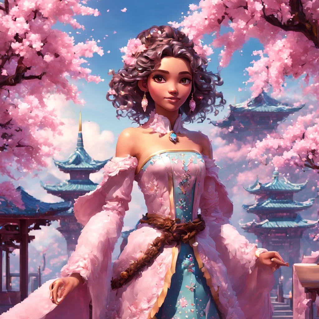 There is a beautiful girl "Alissa Milano", em um vestido de baile, cherry blossom space, Princesa monarquista, paisagem da princesa, princesa de cabelos pretos longos, sorriso gentil, Kushatt Krenz Key Art Mulheres, 3d stylized rendering, 3D rendering of 8k character art, arte digital detalhada bonito, Anime estilo 3D，master part, super detalhado, Epic composition, extremely high quality，Epic digital art of romantic fantasy，Epic fairytale fantasy digital art，Mythological fantasy，