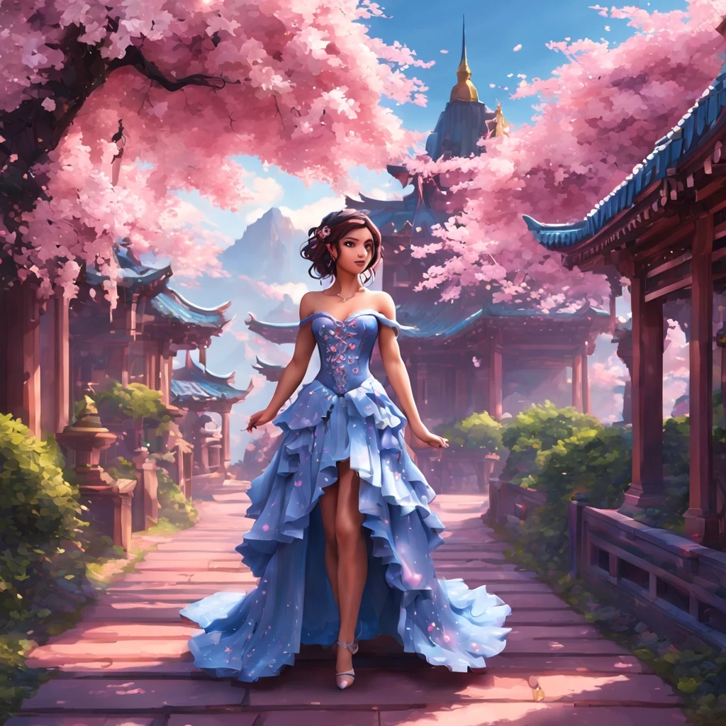 There is a beautiful girl "Alissa Milano", em um vestido de baile, cherry blossom space, Princesa monarquista, paisagem da princesa, princesa de cabelos pretos longos, sorriso gentil, Kushatt Krenz Key Art Mulheres, 3d stylized rendering, 3D rendering of 8k character art, arte digital detalhada bonito, Anime estilo 3D,master part, super detalhado, Epic composition, extremely high quality,Epic digital art of romantic fantasy,Epic fairytale fantasy digital art,Mythological fantasy,