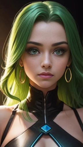((masterpiece)), ((melhor qualidade)), ((cyberpunk lighting)), Close up de uma garota, (pele clara), pele dos povos europeus, , olhos grandes, olhos redondos, (olhos verde esmeralda),(((cabelo vermelho claro))), long and curly hair, mostrar o busto, pele perfeita, rosto perfeito, sarcastic soeriso), ironia, (bare neck), (bare shoulders) vengeful expression.). She is known as Vendettendetta is your name), genetically created to be a secret agent, resolveu rebelar-se, and lives to hunt its creators.