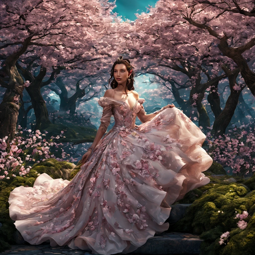 There is a beautiful girl "Bella Hadid", em um vestido de baile, cherry blossom space, Princesa monarquista, paisagem da princesa, princesa de cabelos pretos longos, sorriso gentil, Kushatt Krenz Key Art Mulheres, 3d stylized rendering, 3D rendering of 8k character art, arte digital detalhada bonito, Anime estilo 3D,master part, super detalhado, Epic composition, extremely high quality,Epic digital art of romantic fantasy,Epic fairytale fantasy digital art,Mythological fantasy,