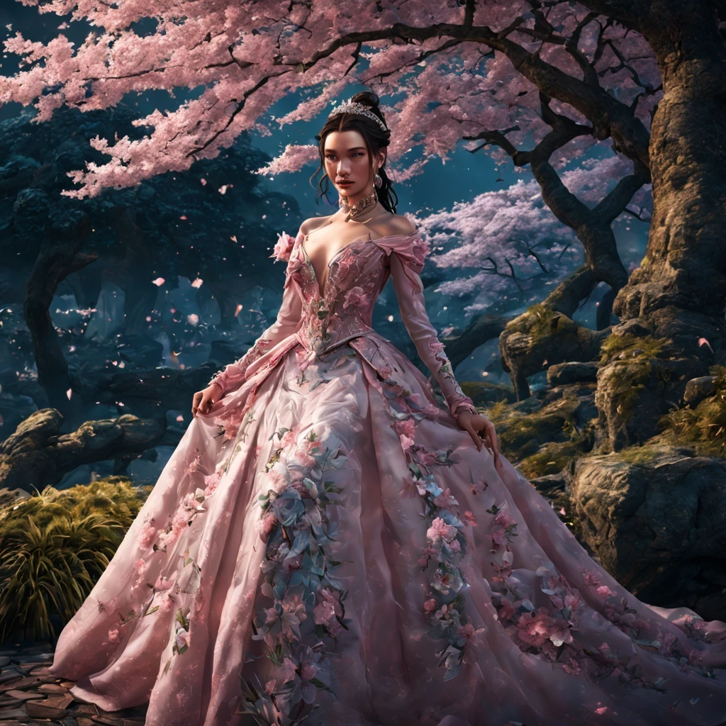 There is a beautiful girl "Bella Hadid", em um vestido de baile, cherry blossom space, Princesa monarquista, paisagem da princesa, princesa de cabelos pretos longos, sorriso gentil, Kushatt Krenz Key Art Mulheres, 3d stylized rendering, 3D rendering of 8k character art, arte digital detalhada bonito, Anime estilo 3D，master part, super detalhado, Epic composition, extremely high quality，Epic digital art of romantic fantasy，Epic fairytale fantasy digital art，Mythological fantasy，