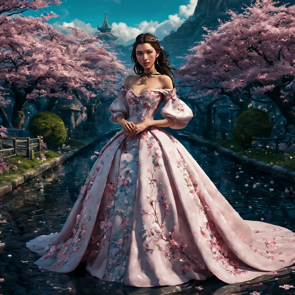 There is a beautiful girl "Bella Hadid", em um vestido de baile, cherry blossom space, Princesa monarquista, paisagem da princesa, princesa de cabelos pretos longos, sorriso gentil, Kushatt Krenz Key Art Mulheres, 3d stylized rendering, 3D rendering of 8k character art, arte digital detalhada bonito, Anime estilo 3D，master part, super detalhado, Epic composition, extremely high quality，Epic digital art of romantic fantasy，Epic fairytale fantasy digital art，Mythological fantasy，