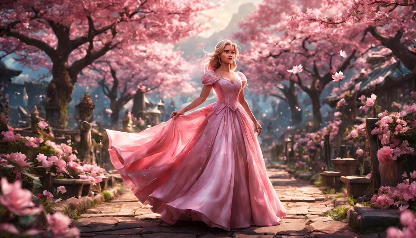 There is a beautiful girl "Reese Colher de cernelha", em um vestido de baile, cherry blossom space, Princesa monarquista, paisagem da princesa, princesa de cabelos pretos longos, sorriso gentil, Kushatt Krenz Key Art Mulheres, 3d stylized rendering, 3D rendering of 8k character art, arte digital detalhada bonito, Anime estilo 3D,master part, super detalhado, Epic composition, extremely high quality,Epic digital art of romantic fantasy,Epic fairytale fantasy digital art,Mythological fantasy,