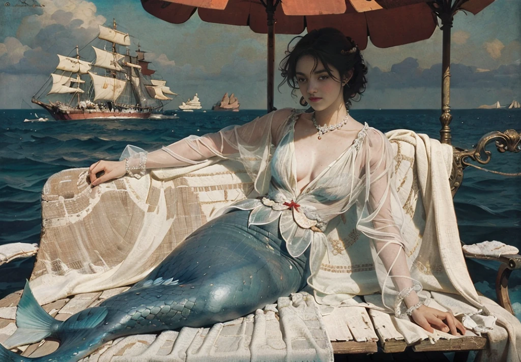 ((mermaid)) woman sitting on a bench with a fan, mermaid tail, regency-era, 1girl, (((toples))), diaphanous clothing, by Adélaïde Labille-Guiard, by Cassandra Austen, jacques louis david style, inspired by Adélaïde Labille-Guiard, inspired by Théodore Chassériau, symbolist painting, vintage_travel_posters