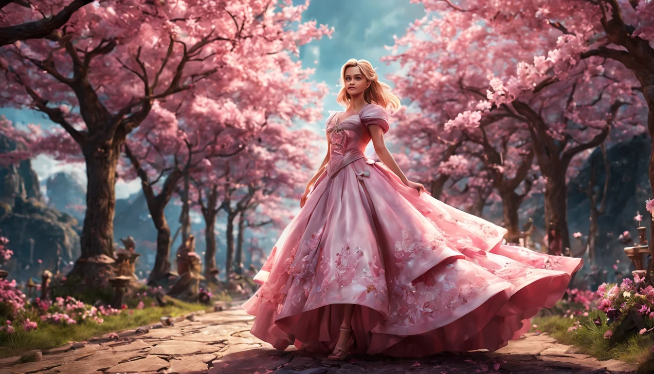 There is a beautiful girl "Reese Colher de cernelha", em um vestido de baile, cherry blossom space, Princesa monarquista, paisagem da princesa, princesa de cabelos pretos longos, sorriso gentil, Kushatt Krenz Key Art Mulheres, 3d stylized rendering, 3D rendering of 8k character art, arte digital detalhada bonito, Anime estilo 3D,master part, super detalhado, Epic composition, extremely high quality,Epic digital art of romantic fantasy,Epic fairytale fantasy digital art,Mythological fantasy,