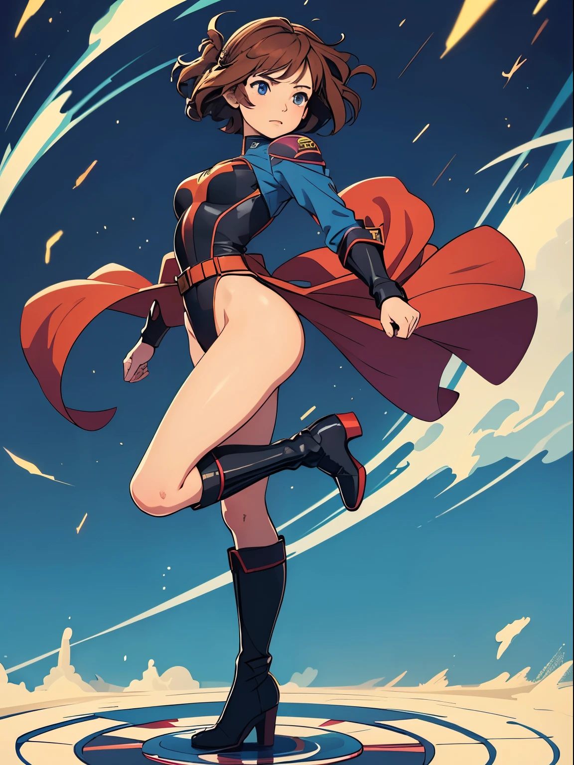 masterpiece, best quality, 1girl, solo, single, mature lady, superhero, leotard, bare legs, boots, belt, standing, standing on two legs, straight, spinning, tornado spin, wind swirl, spinning like a tornado