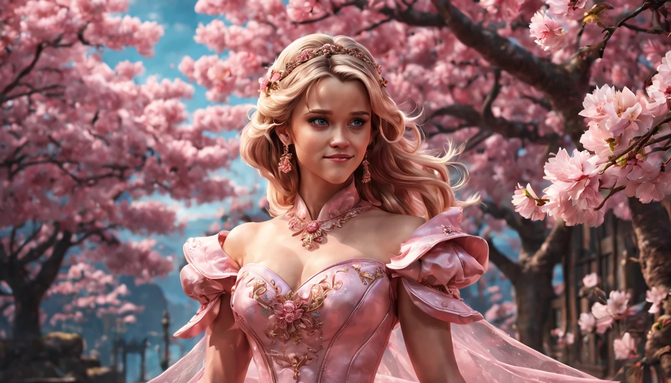 There is a beautiful girl "Reese Colher de cernelha", em um vestido de baile, cherry blossom space, Princesa monarquista, paisagem da princesa, princesa de cabelos pretos longos, sorriso gentil, Kushatt Krenz Key Art Mulheres, 3d stylized rendering, 3D rendering of 8k character art, arte digital detalhada bonito, Anime estilo 3D，master part, super detalhado, Epic composition, extremely high quality，Epic digital art of romantic fantasy，Epic fairytale fantasy digital art，Mythological fantasy，