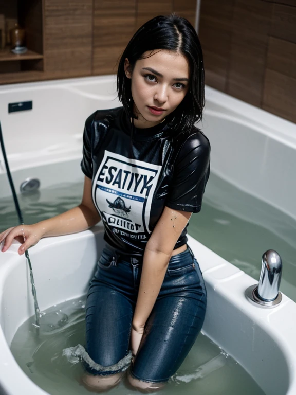 (Water-soaked clothing:1.17), (Best Quality,high resolution,bokeh:1.2),one woman, Pronounced wrinkles,Bob haircut,Detailed eyes and face,tshirt,(standing:1.0),(gloomy ecstasy:1.1), Posing, sitting in a bath tub, SoakingWetClothes, black Dark Marten boots, show boots, jeans are wrinkled from wetness