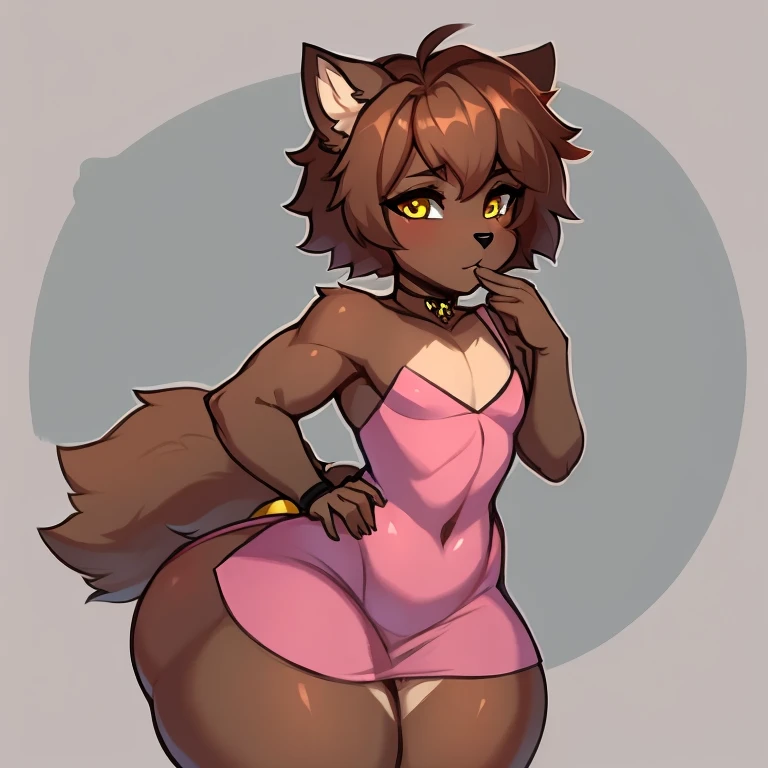 Wokf, wide hips, massive thighs, massive ass, femboy, flat chest, androgynous, brown fur, yellow eyes, pink dress