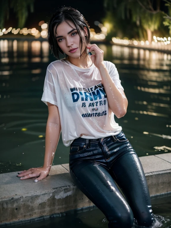 (Water-soaked clothing:1.17), (Best Quality,high resolution,bokeh:1.2),one woman, Pronounced wrinkles,Bob haircut,Detailed eyes and face,tshirt,(standing:1.0),(gloomy ecstasy:1.1), Posing, sitting in a pond, SoakingWetClothes, black Dark Marten boots, show boots, jeans are wrinkled from wetness