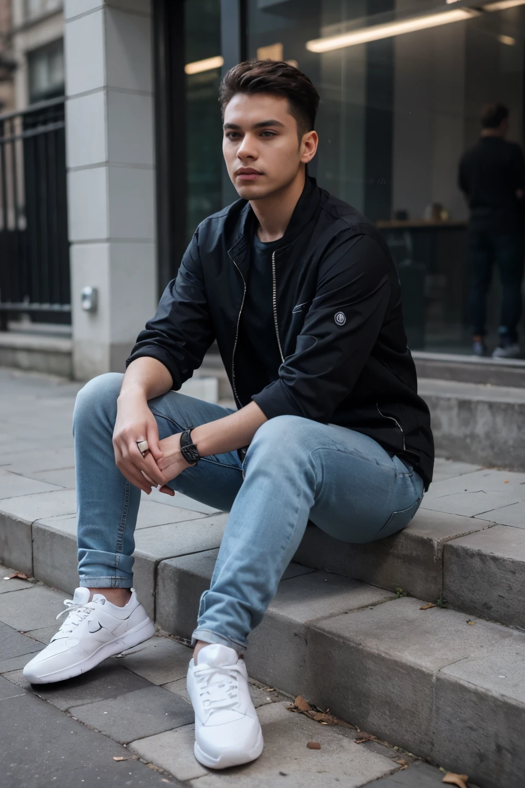 Create a vibrant 3D scene with Techno AMN sitting casually beside the Instagram logo. Dress him in trendy casual attire like jeans, a jacket, and sneakers. The background should showcase an Instagram profile page with the username "Techno AMN" and a corresponding profile picture.