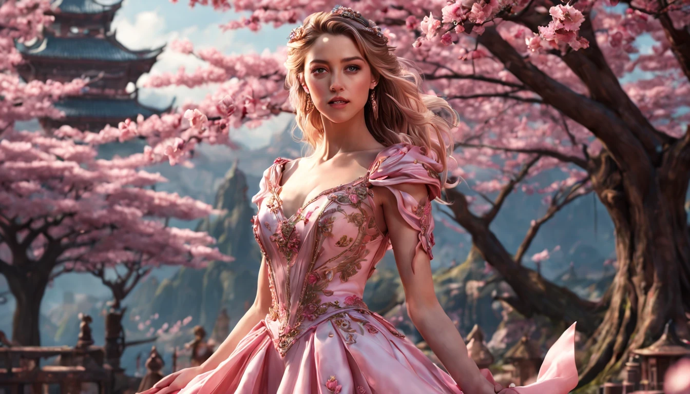 There is a beautiful girl "Âmbar Heard", em um vestido de baile, cherry blossom space, Princesa monarquista, paisagem da princesa, princesa de cabelos pretos longos, sorriso gentil, Kushatt Krenz Key Art Mulheres, 3d stylized rendering, 3D rendering of 8k character art, arte digital detalhada bonito, Anime estilo 3D,master part, super detalhado, Epic composition, extremely high quality,Epic digital art of romantic fantasy,Epic fairytale fantasy digital art,Mythological fantasy,