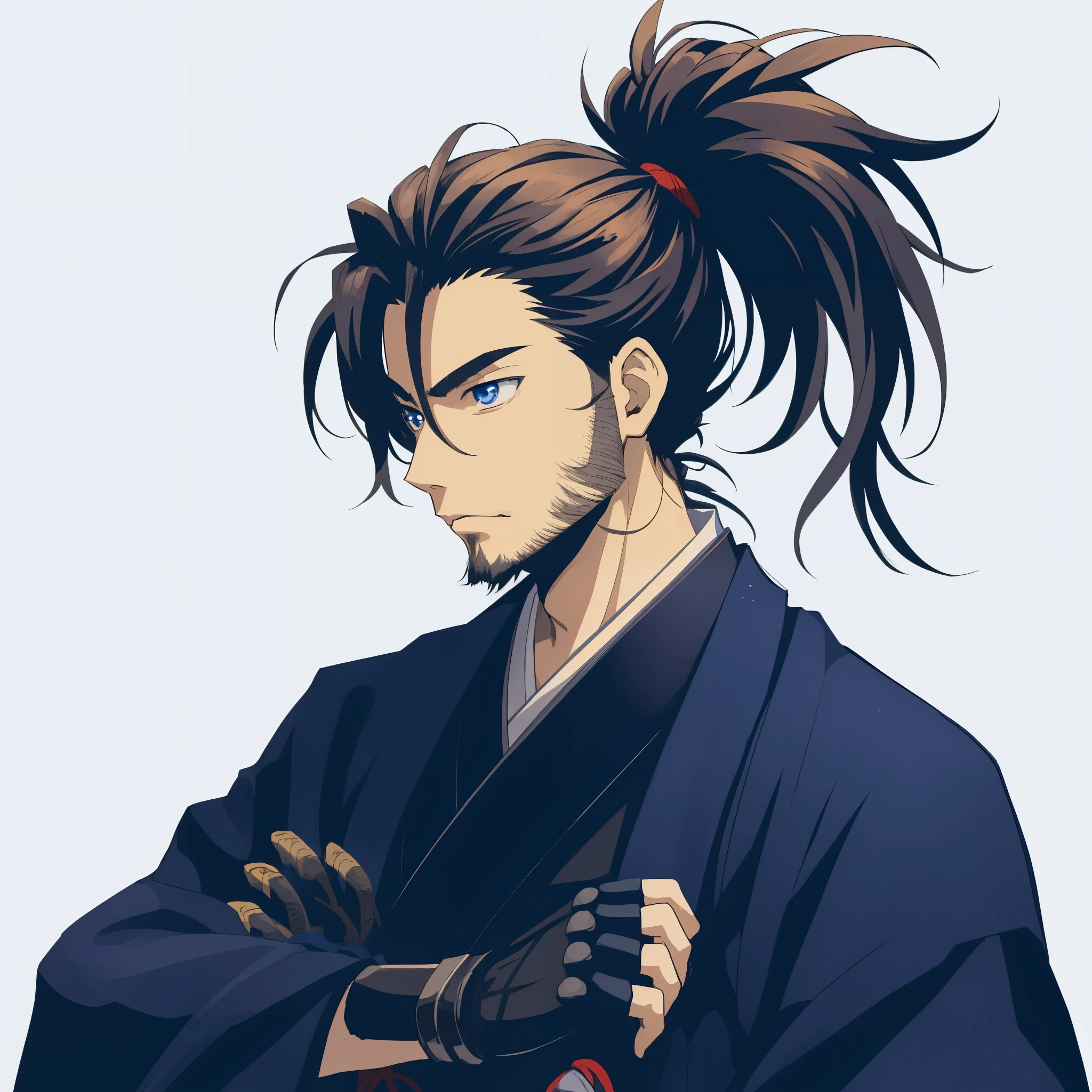 anime samurai boy with samurai ponytail, with tiny beard with blue kimono and with full black gloves