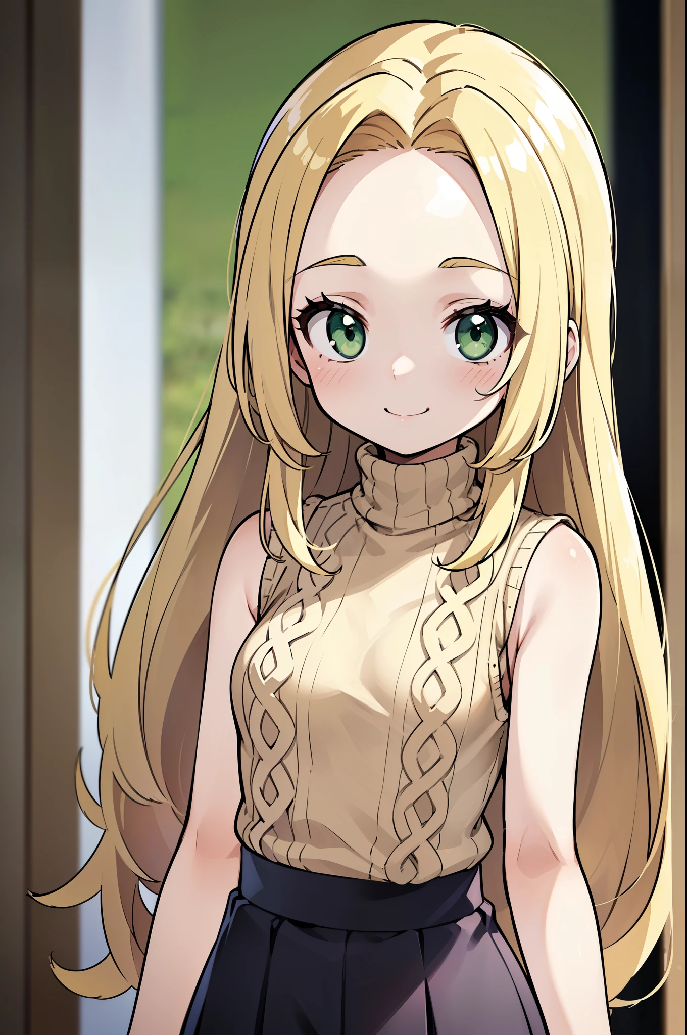 masterpiece, best quality, anime screencap, (subject: 1girl, solo, blonde, beige hair, very long hair, forehead, green eyes, small breasts, petite, nervous smile, cute), (outfit: turtleneck sweater, sleeveless, sleeveless sweater:1.2), (composition: cowboy shot, upper body), (blurry background, thick outlines)