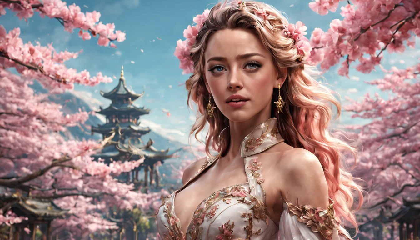 There is a beautiful girl "Âmbar Heard", em um vestido de baile, cherry blossom space, Princesa monarquista, paisagem da princesa, princesa de cabelos pretos longos, sorriso gentil, Kushatt Krenz Key Art Mulheres, 3d stylized rendering, 3D rendering of 8k character art, arte digital detalhada bonito, Anime estilo 3D,master part, super detalhado, Epic composition, extremely high quality,Epic digital art of romantic fantasy,Epic fairytale fantasy digital art,Mythological fantasy,