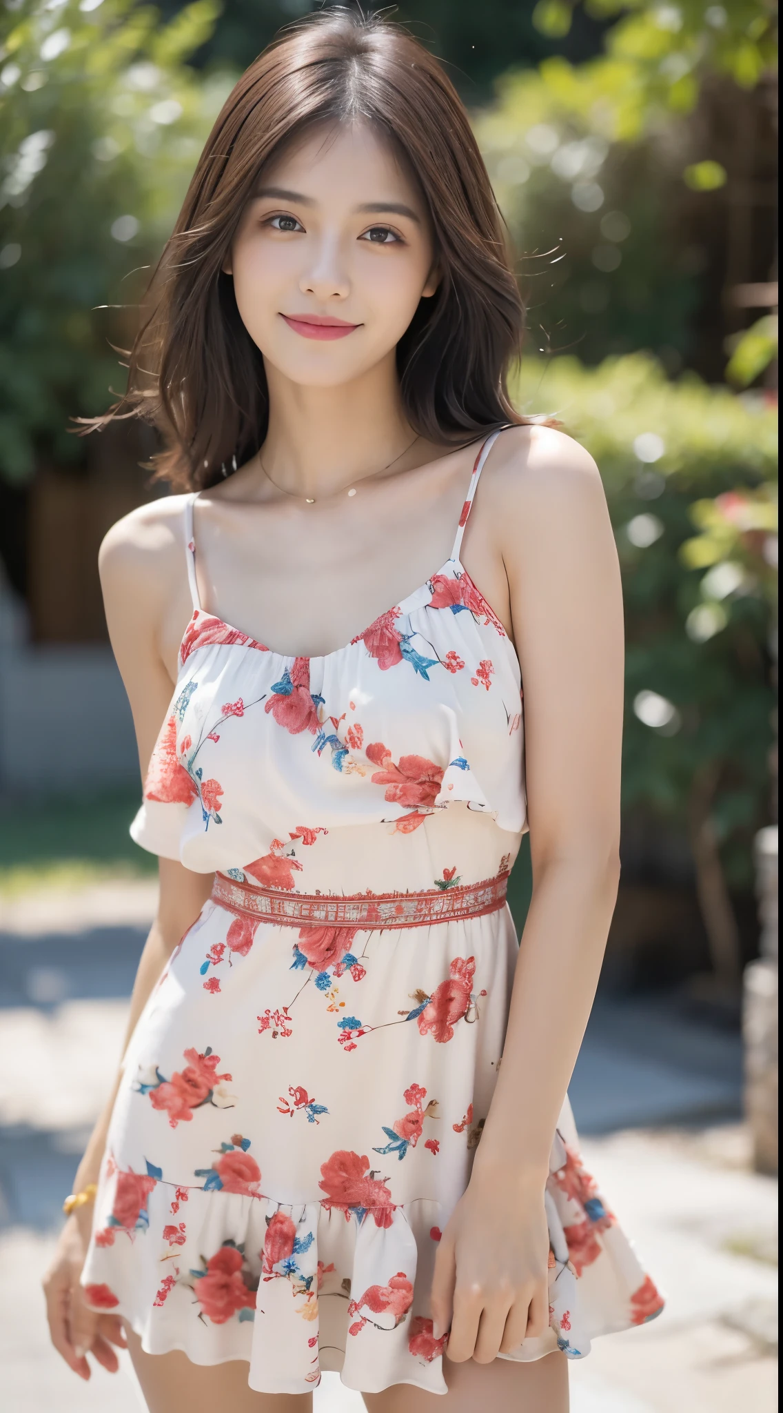 Obra maestra, La mejor calidad, ultra-high resolution, Foto de alto detalle, Unidad 8K Fondo de pantalla, CG extremadamente detallado:1.2),(Foto RAW:1.realistic photography:1.4), 1girll , joven, physically based representation, beautiful, (Cara finamente detallada:1.4, Ropa detallada), (Detallado:1.4) Cara hermosa, Profundidad de campo, Agregar capa, hiperrealista, 27 years old, Modelo de cuerpo perfecto, senos perfectos, 175cm de altura, pose sexy, cuerpo completo, Tipo de cuerpo del modelo, chic boho floral short dress, Cabello largo, (Eimi Fukada), doble parpado, depth of field, bokeh, white background, smile