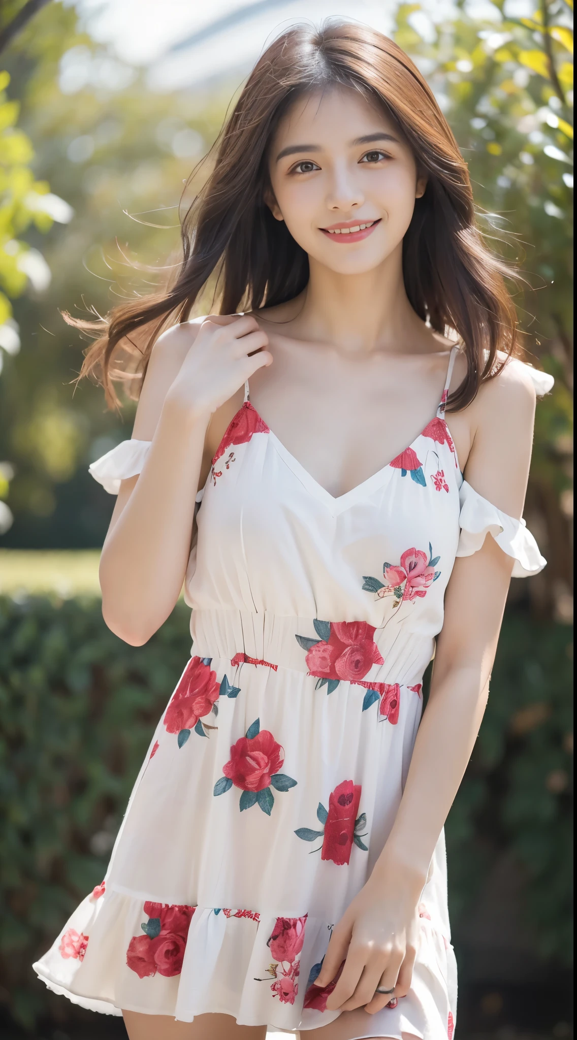 Obra maestra, La mejor calidad, ultra-high resolution, Foto de alto detalle, Unidad 8K Fondo de pantalla, CG extremadamente detallado:1.2),(Foto RAW:1.realistic photography:1.4), 1girll , joven, physically based representation, beautiful, (Cara finamente detallada:1.4, Ropa detallada), (Detallado:1.4) Cara hermosa, Profundidad de campo, Agregar capa, hiperrealista, 27 years old, Modelo de cuerpo perfecto, senos perfectos, 175cm de altura, pose sexy, cuerpo completo, Tipo de cuerpo del modelo, chic boho floral short dress, Cabello largo, (Eimi Fukada), doble parpado, depth of field, bokeh, white background, smile