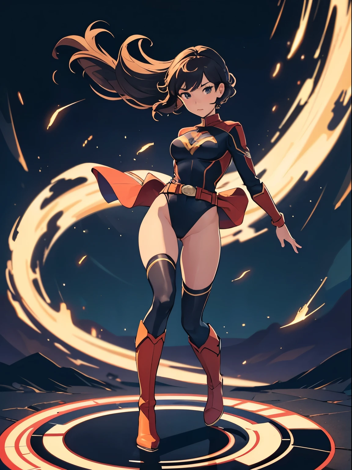 masterpiece, best quality, 1girl, solo, single, mature lady, superhero, leotard, bare legs, boots, belt, standing, standing on two legs, straight, spinning, tornado spin, wind swirl, spinning like a tornado