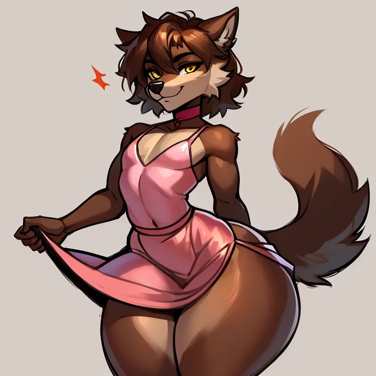 Wolf, wide hips, massive thighs, massive ass, femboy, flat chest, androgynous, brown fur, light brown snout, yellow eyes, pink dress