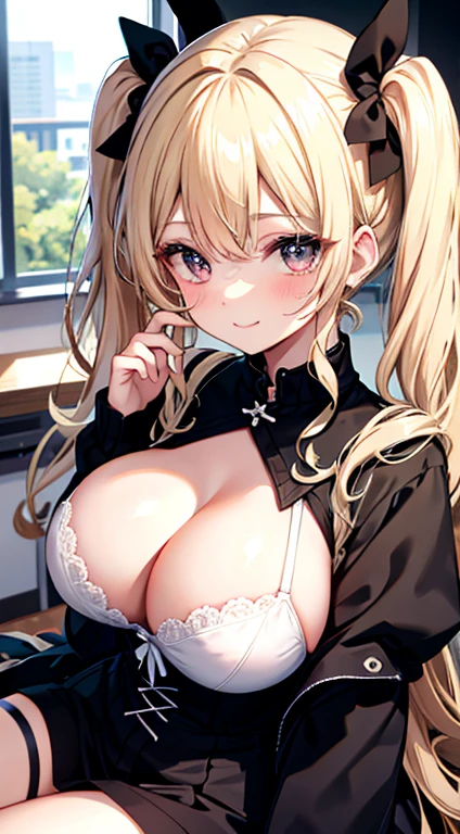 in class room, 1girl, sitting on chair, exposed white bra, big breast BREAK black gothic clothes, blonde curly hair, twintail, hair bow, smile, look at viewer