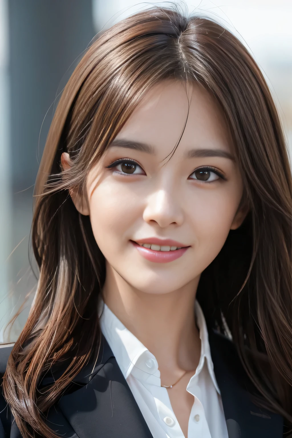 masutepiece, Best Quality, Photorealistic, Ultra-detailed, finely detail, High resolution, 8K Wallpaper, 1 beautiful woman,, light brown messy hair, in a business suit, foco nítido, Perfect dynamic composition, Beautiful detailed eyes, detailed hairs, Detailed realistic skin texture, Smiling, Close-up portrait, Model body type