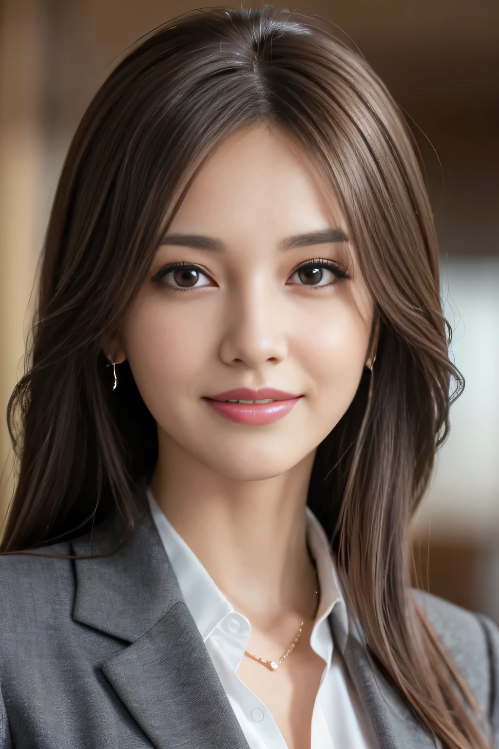 masutepiece, Best Quality, Photorealistic, Ultra-detailed, finely detail, High resolution, 8K Wallpaper, 1 beautiful woman,, light brown messy hair, in a business suit, foco nítido, Perfect dynamic composition, Beautiful detailed eyes, detailed hairs, Detailed realistic skin texture, Smiling, Close-up portrait, Model body type