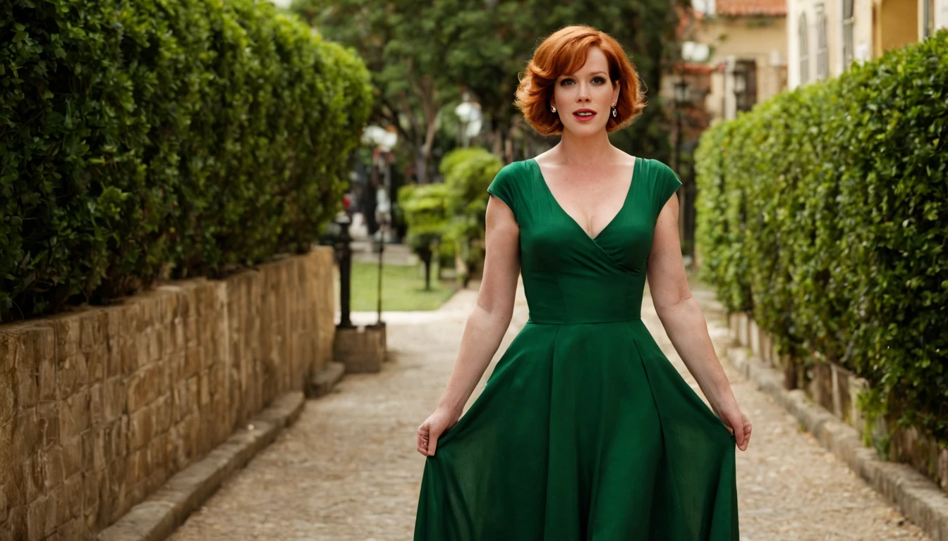 1 girl "Molly Ringwald com vestido verde longo", Morena forte, brasileira, malhada, cabelo ao vento, vestido detalhado, olhos pretos, seios grandes e pernas grossas, ultra realista,  magra, malhada, olhos pretos, dentes brancos, nariz arrebitado, foto de corpo inteiro, salto alto, 8k, luz do dia, walking on a sidewalk.