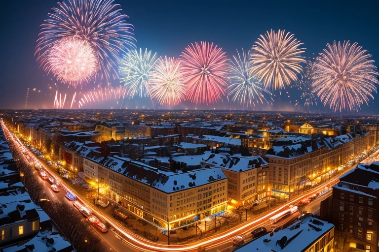 masterpiece,
best quality, ultra-detailed,
an extremely delicate and beautiful, New Year's festivities, fireworks, flower blizzard, bird's-eye view