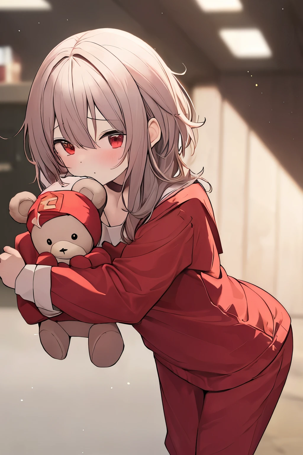(Megumin), solo, corpo inteiro, sentado, dinamic angle, cabelo branco, peito achatado, babado, 16 anos, cabelo castanho, cabelo curto, red eyes, noite, starly sky, escuro, sonolento, quer sono, capuz de orelhas de animal, teddy bear, seios cobertos,bashful, blush,A young woman in her pajamas holding a large stuffed animal, with shy expression on his face, em um ambiente de quarto, The composition must squander innocence, o fundo deve ser visualmente cativante,