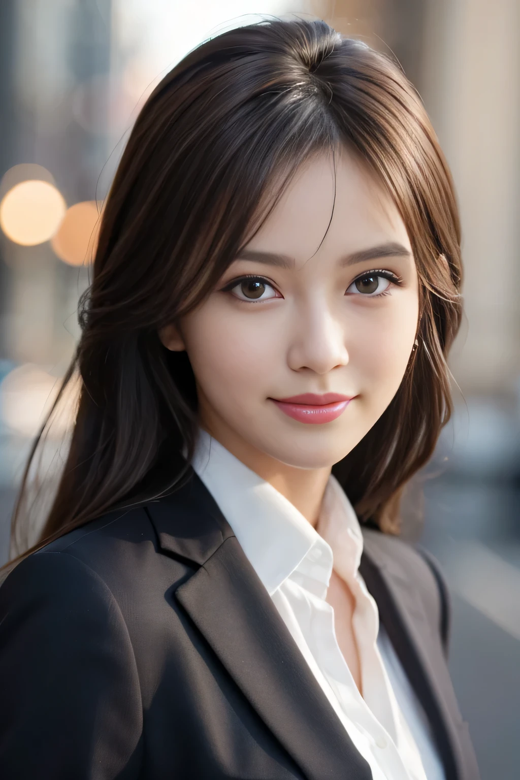 masutepiece, Best Quality, Photorealistic, Ultra-detailed, finely detail, High resolution, 8K Wallpaper, 1 beautiful woman,, light brown messy hair, in a business suit, foco nítido, Perfect dynamic composition, Beautiful detailed eyes, detailed hairs, Detailed realistic skin texture, Smiling, Close-up portrait, Model body type