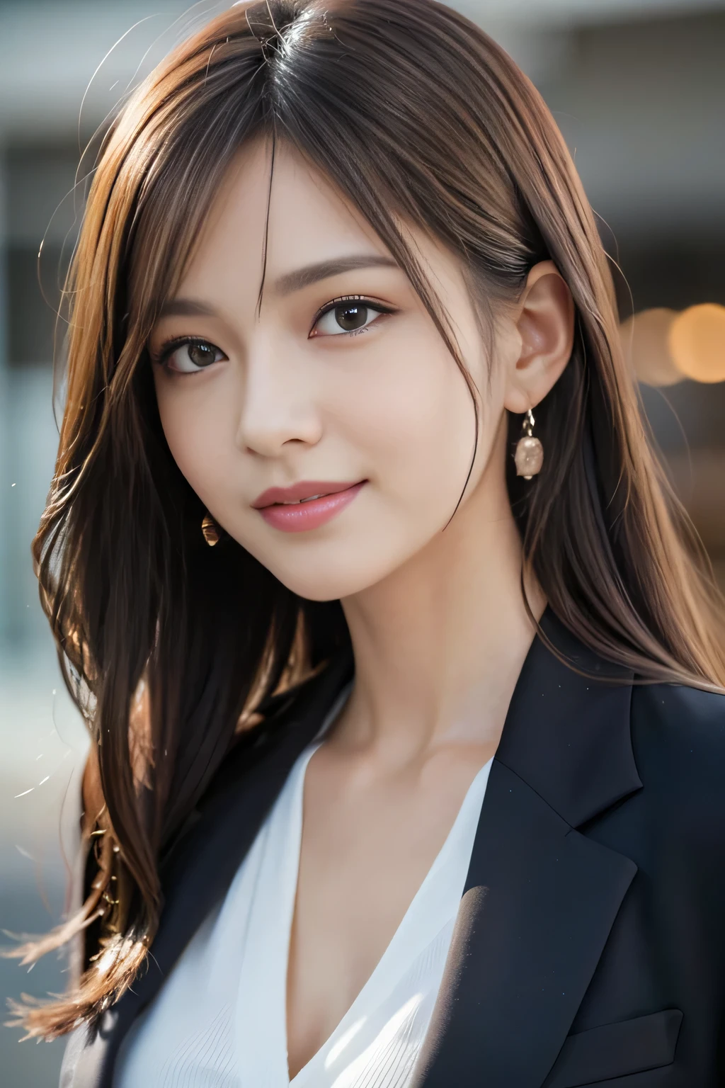 masutepiece, Best Quality, Photorealistic, Ultra-detailed, finely detail, High resolution, 8K Wallpaper, 1 beautiful woman,, light brown messy hair, in a business suit, foco nítido, Perfect dynamic composition, Beautiful detailed eyes, detailed hairs, Detailed realistic skin texture, Smiling, Close-up portrait, Model body type