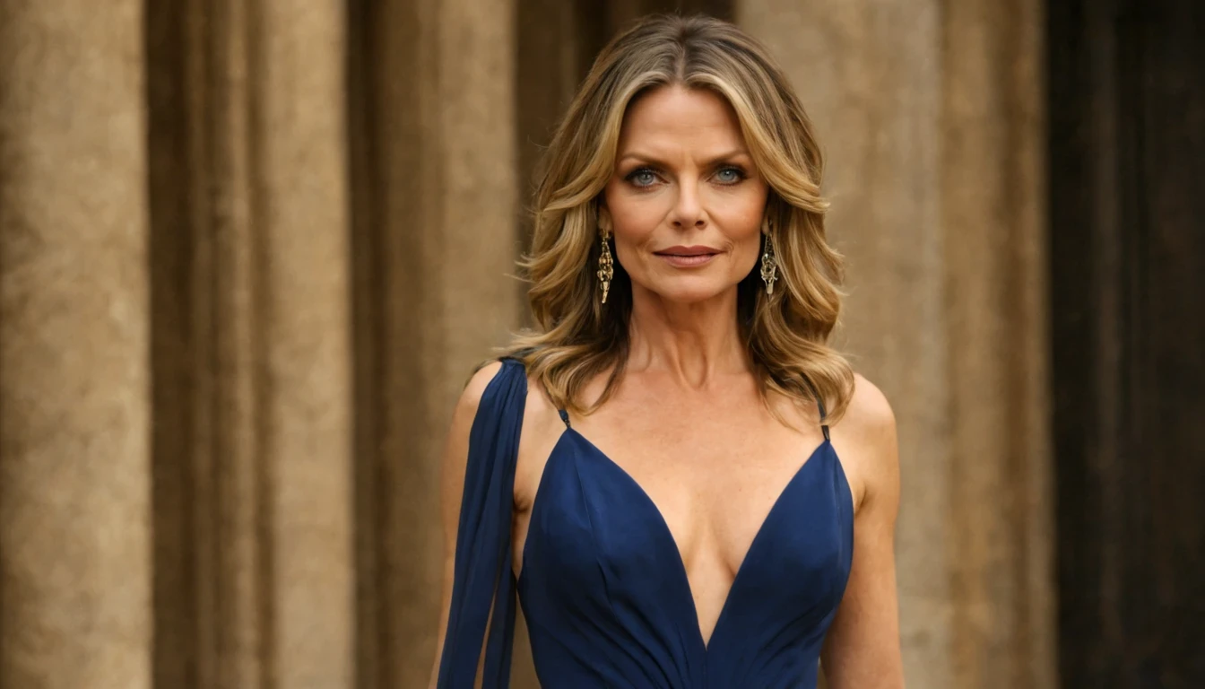 1 girl "Michelle Pfeiffer com vestido azul escuro longo", Morena forte, brasileira, malhada, cabelo ao vento, vestido detalhado, olhos pretos, seios grandes e pernas grossas, ultra realista, magra, malhada, olhos pretos, dentes brancos, nariz arrebitado, foto de corpo inteiro, salto alto, 8k, luz do dia, walking on a sidewalk.