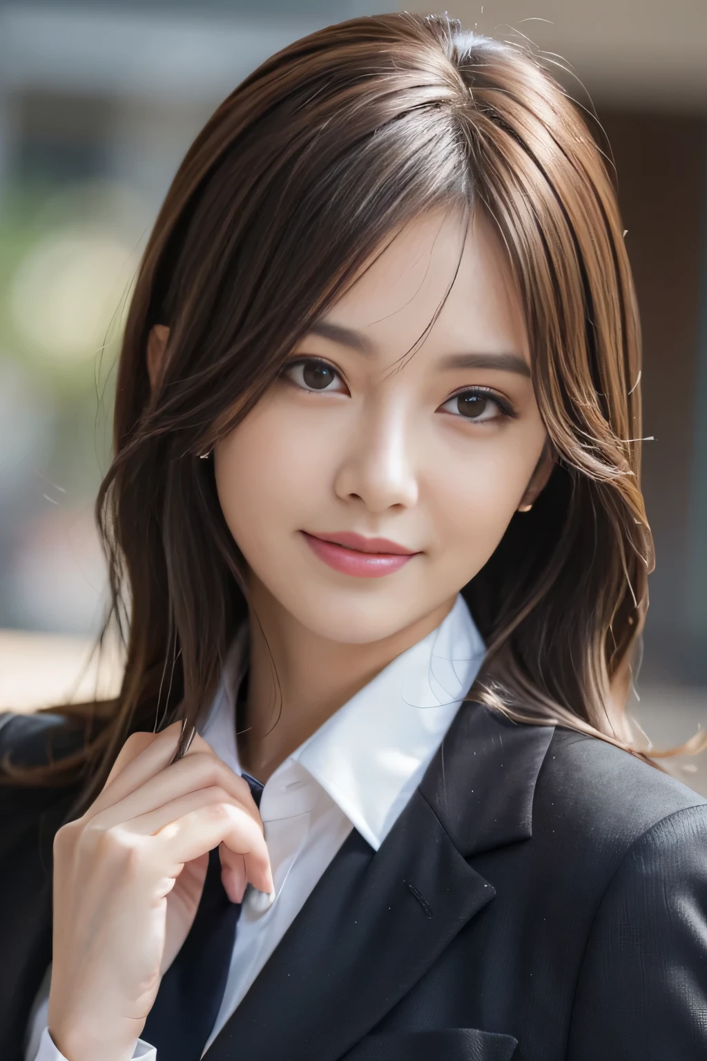 masutepiece, Best Quality, Photorealistic, Ultra-detailed, finely detail, High resolution, 8K Wallpaper, 1 beautiful woman,, light brown messy hair, in a business suit, foco nítido, Perfect dynamic composition, Beautiful detailed eyes, detailed hairs, Detailed realistic skin texture, Smiling, Close-up portrait, Model body type