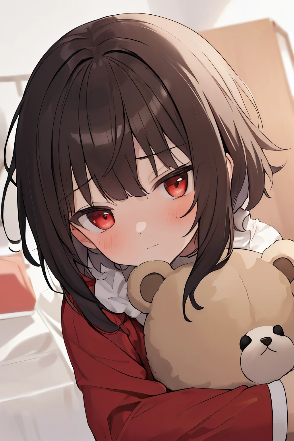 (Megumin), solo, corpo inteiro, sentado, dinamic angle, cabelo branco, peito achatado, babado, 16 anos, cabelo castanho, cabelo curto, red eyes, noite, starly sky, escuro, sonolento, quer sono, capuz de orelhas de animal, teddy bear, seios cobertos,bashful, blush,A young woman in her pajamas holding a large stuffed animal, with shy expression on his face, em um ambiente de quarto, The composition must squander innocence, o fundo deve ser visualmente cativante,