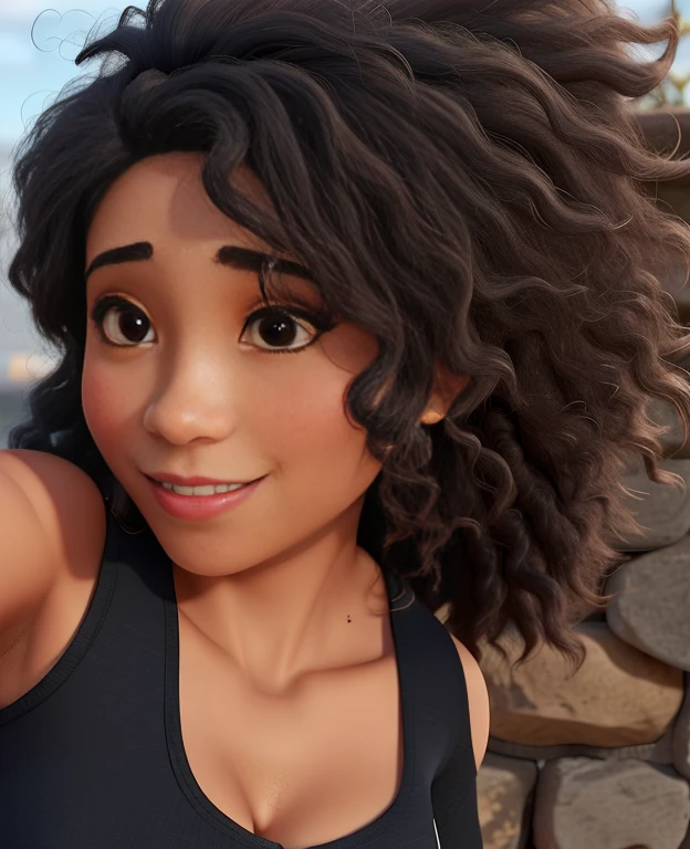 Mulher negra, cabelos crespos, cabelos compridos, sorrindo, thick lips.