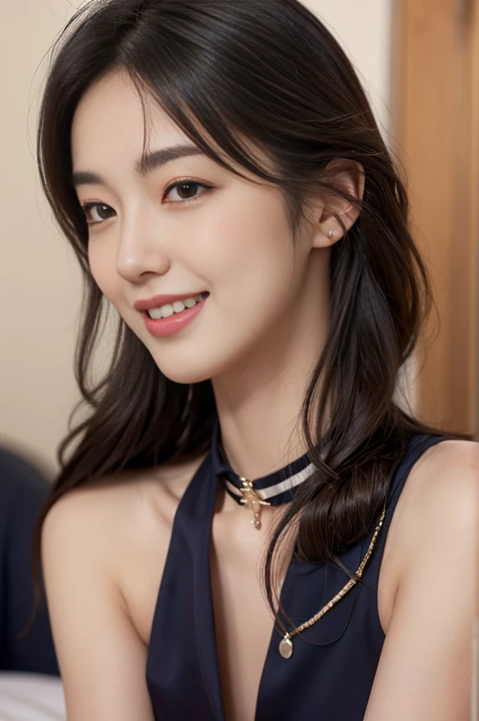 Perfect human body，Mature and intellectual woman， (very highly detailed background，Bedrooms), college aged，Student council president，long whitr hair，hair adornments，Loose collar，Colossal tits，sharp look，ssmile，(Blushlush:1.2),Pubic hair shows through，