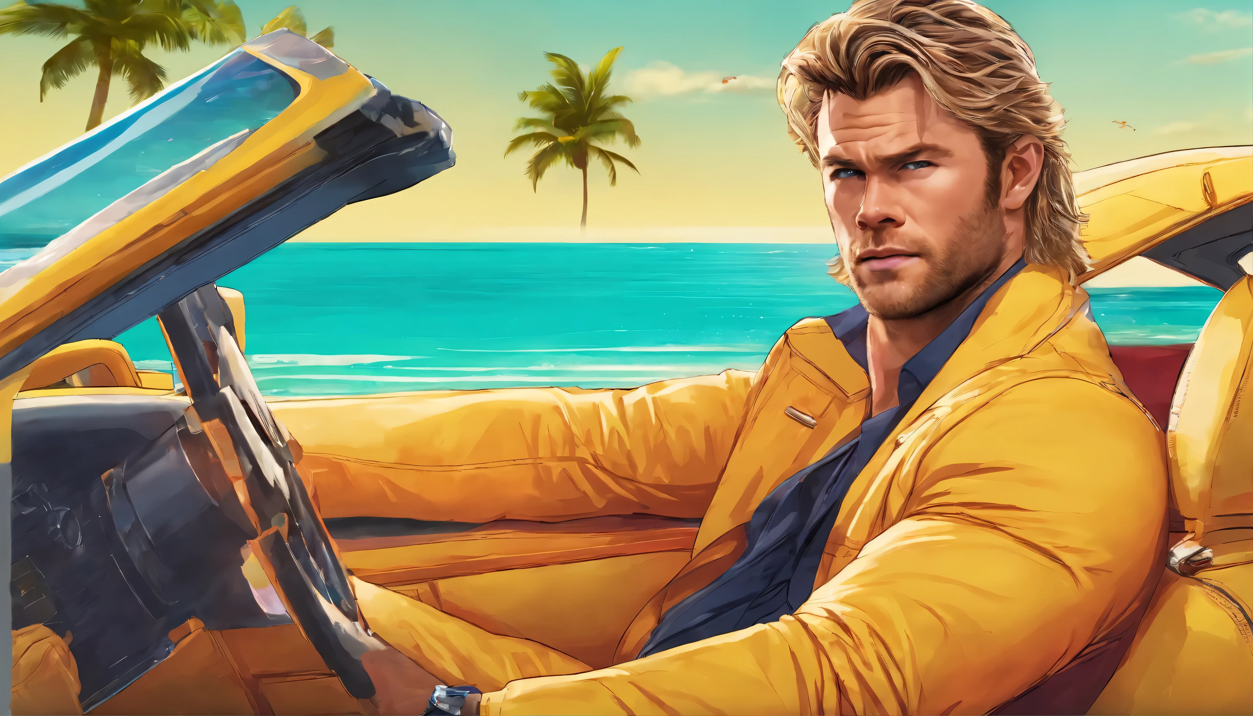 A photorealistic portrait of Chris Hemsworth, styled in a Miami Vice-inspired look, captured by Austin English in his signature minimalist style. Hemsworth wears a cobalt white button-down shirt and matching bomber jacket, the color echoing the Miami sky behind him. His hair tousled by the ocean breeze, and his gaze smolders with an intensity that could melt glaciers. He sits in a yellow Lamborghini with ruby red interior. A beautiful latina girl in a bikini sits next to him while wearing aviator sunglasses. The palm trees lining South Beach frame the shot, while hinting at Hemsworth's jet-set lifestyle. The overall vibe a blend of masculine charm, carefree luxury, and a touch of danger, reminiscent of classic 80s action movies.