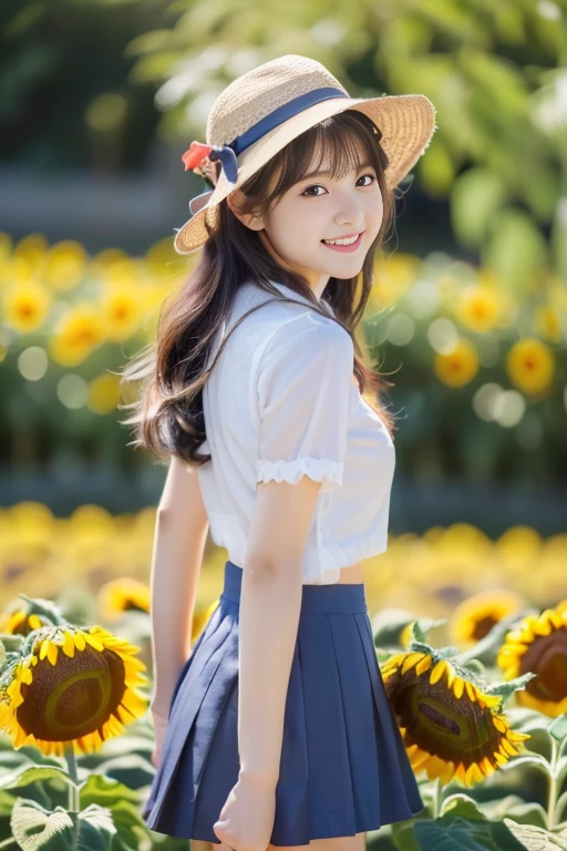 (Highly detailed CG Unity 16k wallpaper:1.1), (Denoising strength: 1.45), (T-Mastepiece:1.37), ((A girl in a straw hat looking back in a sunflower field ackligh)，(Neat navy blue sailor suit，Dark blue mini pleated skirt、Dark blue high socks),(Best Illumination, Best Shadow, extremely delicate and beautiful), Girl on the central axis of the photo, Small breasts, ((Sunflowers with ultimate details)), Beautiful detailed sky, extremely delicate and beautiful女の子, Sunflower fields at Sunset, Sunset, beautiful detailed cloud, (((the Extremely Detailed CG Unity 8K Wallpapers))), Ultra-, god rays, spark of light, Glowing light, (((​masterpiece))), (((Full body photo，Standing)))， (One beautiful Japan girl, Innocence，kawaii) ，超A high resolution, Realistic, ultra-detailliert, 8K,top-quality, Extremely detailed, Detailed background,A slender,very beautiful japanese girl, Detailed face:1.3), (long hair flowing with the wind，A dark-haired :1.4), (a ，kawaii系,adorable 14 year oPerfect body:1.1),  cute and innocent smile,Show your beautiful teeth,Looking back、sexy  pose，rosy cheeks，Super Detailed Face、Detailed lips、A detailed eye、small gravure idol，Transparent skin、Lolita，japanese hight school uniform，Photorealistic:1.37，no-makeup，Neutral Lighting，