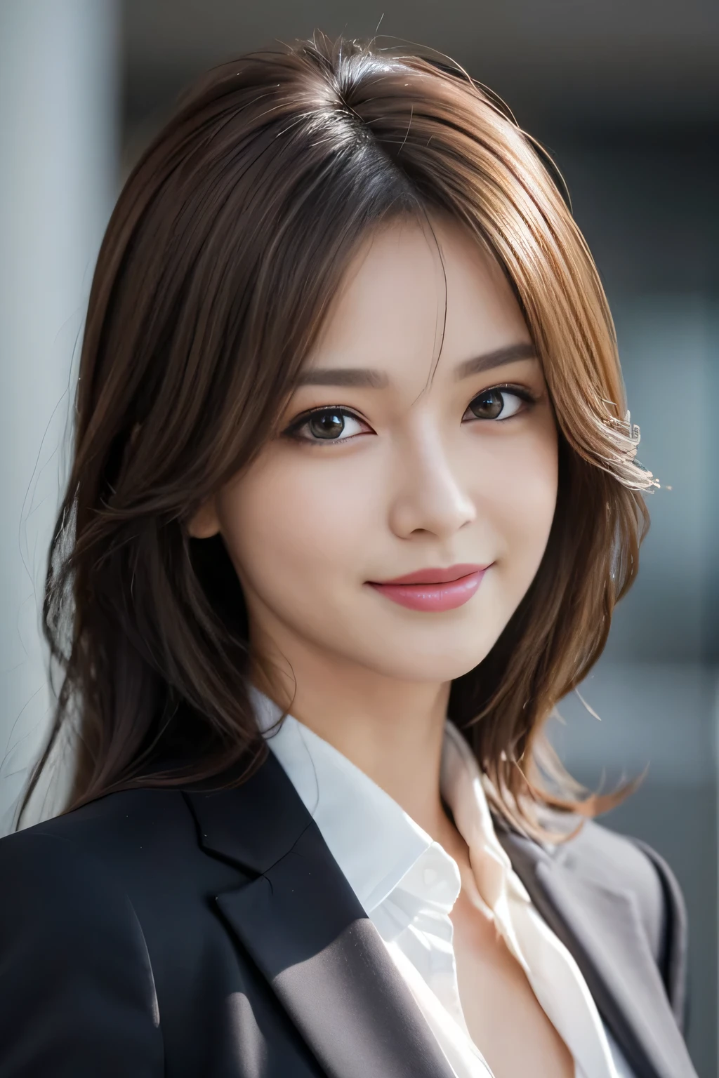 masutepiece, Best Quality, Photorealistic, Ultra-detailed, finely detail, High resolution, 8K Wallpaper, 1 beautiful woman,, light brown messy hair, in a business suit, foco nítido, Perfect dynamic composition, Beautiful detailed eyes, detailed hairs, Detailed realistic skin texture, Smiling, Close-up portrait, Model body type