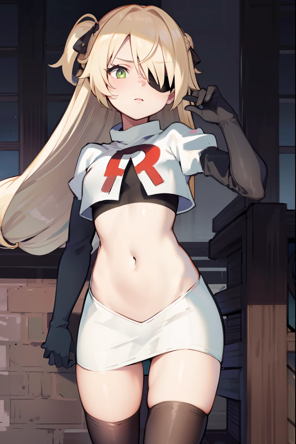 absurdres, fischl (dunkelnacht sakrament) (genshin impact), green eyes, (white pupils:1.2), fischl (genshin impact), medium_breasts, blonde hair, eyepatch, long hair, hair over one eye, bangs, hair ribbon, small breasts, 1girl, team rocket,team rocket uniform,white skirt,red letter R,crop top,black thigh-high boots,black elbow gloves,