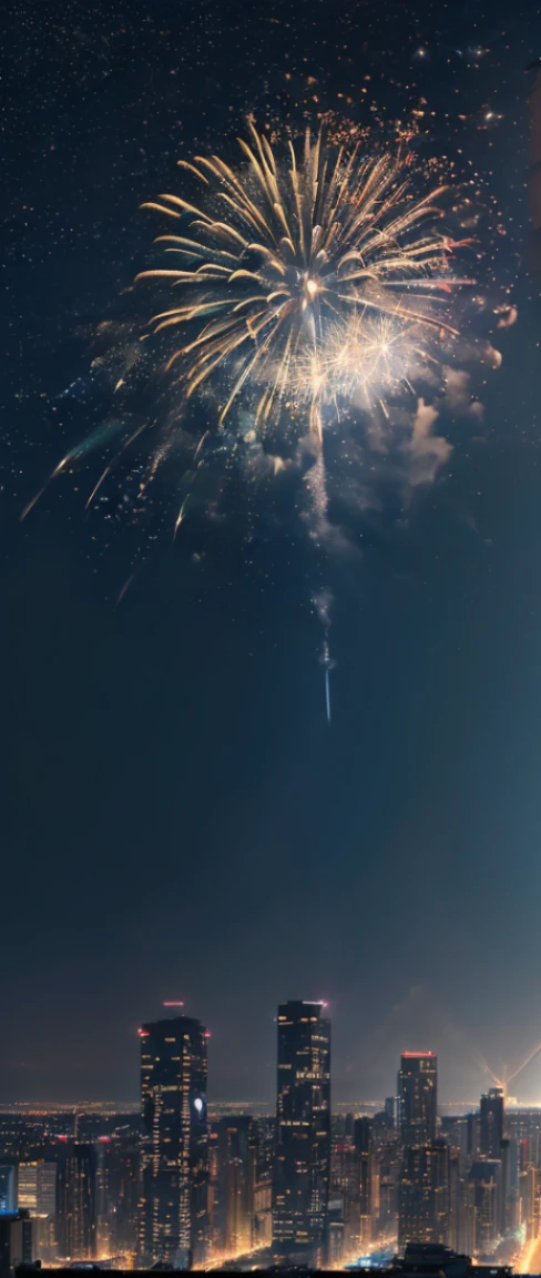 ((Realistic light, Best Quality, 8K, masterpiece: 1.3)), Late night building street, ((Electric bulletin board on the building wall〝0:Displays 00″ hours)), ((Crowd looking up at the night sky)), ((Many big fireworks are set off)), Cyber City, photoRealstic, in the middle of a big intersection, View the sky between the buildings from below,