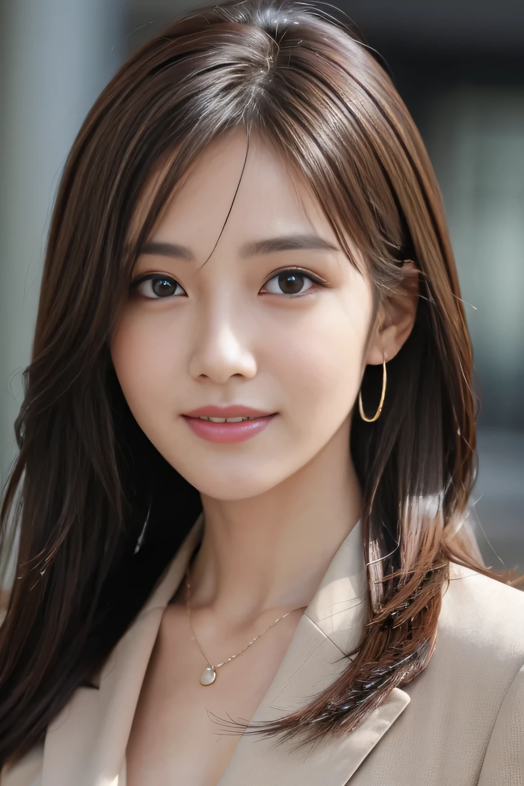 masutepiece, Best Quality, Photorealistic, Ultra-detailed, finely detail, High resolution, 8K Wallpaper, 1 beautiful woman,, light brown messy hair, in a business suit, foco nítido, Perfect dynamic composition, Beautiful detailed eyes, detailed hairs, Detailed realistic skin texture, Smiling, Close-up portrait, Model body type