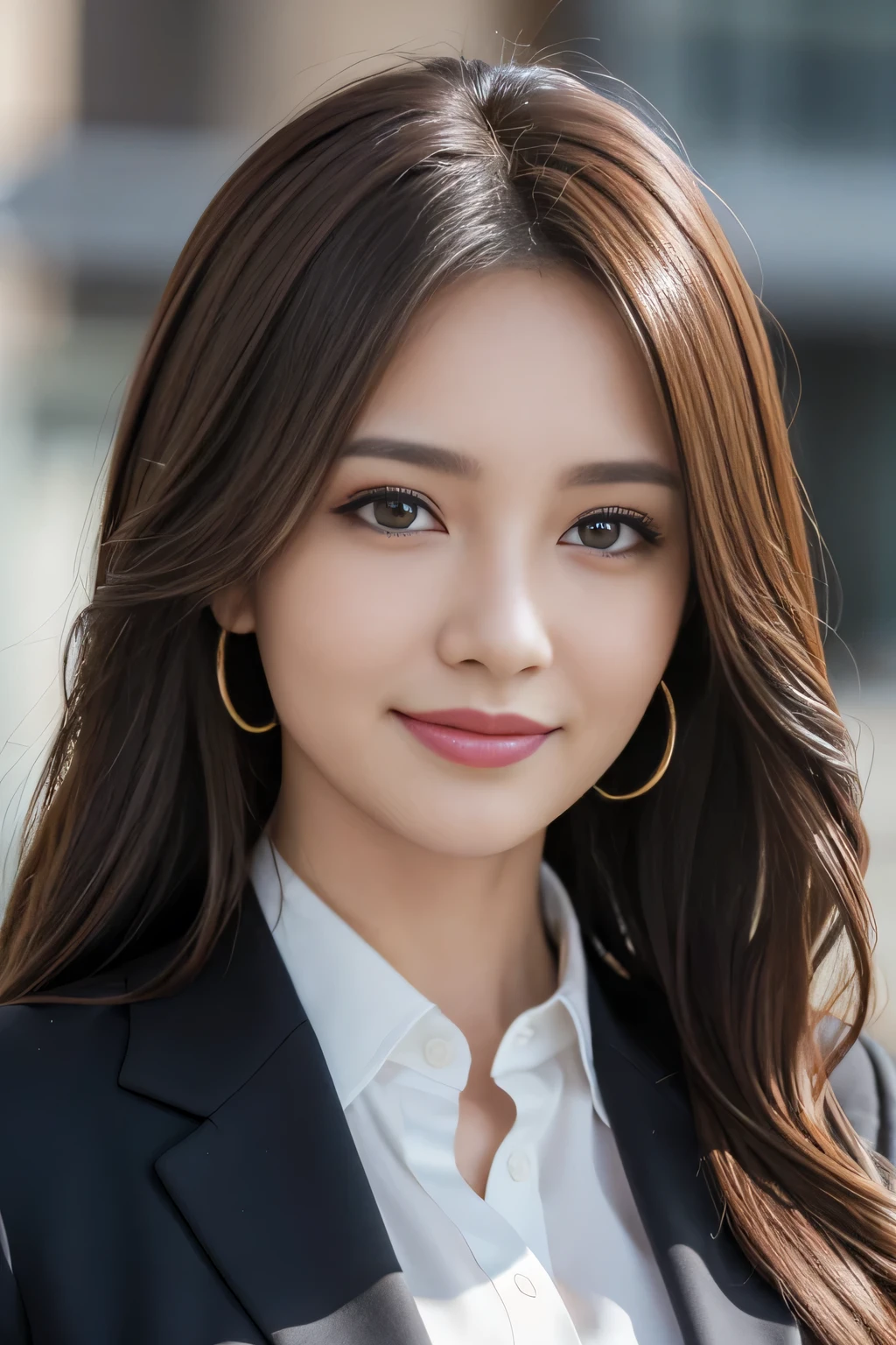 masutepiece, Best Quality, Photorealistic, Ultra-detailed, finely detail, High resolution, 8K Wallpaper, 1 beautiful woman,, light brown messy hair, in a business suit, foco nítido, Perfect dynamic composition, Beautiful detailed eyes, detailed hairs, Detailed realistic skin texture, Smiling, Close-up portrait, Model body type