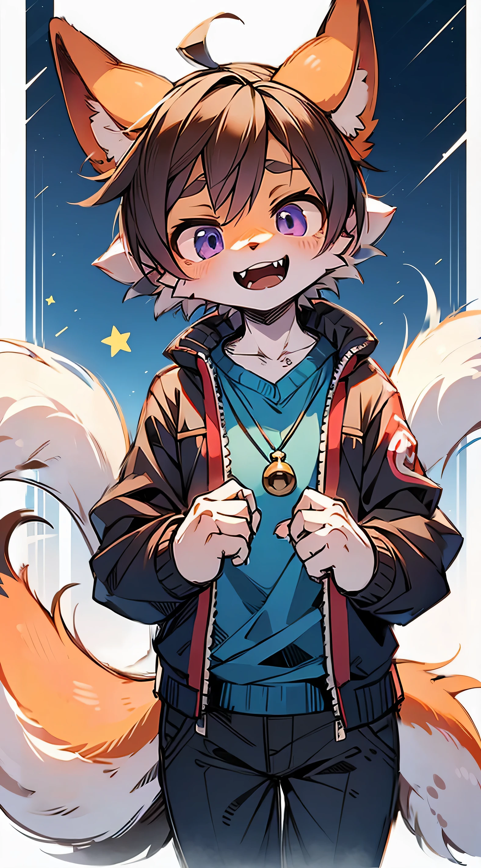 Star Fox, male people, (detailed), Fluffy, Alone, ,Cute and cute, フォトリアリスティック, ((clear structural details)), Meticulous and pragmatic, 詳細な目, (Yellow-red pupils), high detal, Delicate fur, ((The tail is in the right place) ,red beaming,Bright red cotton jacket